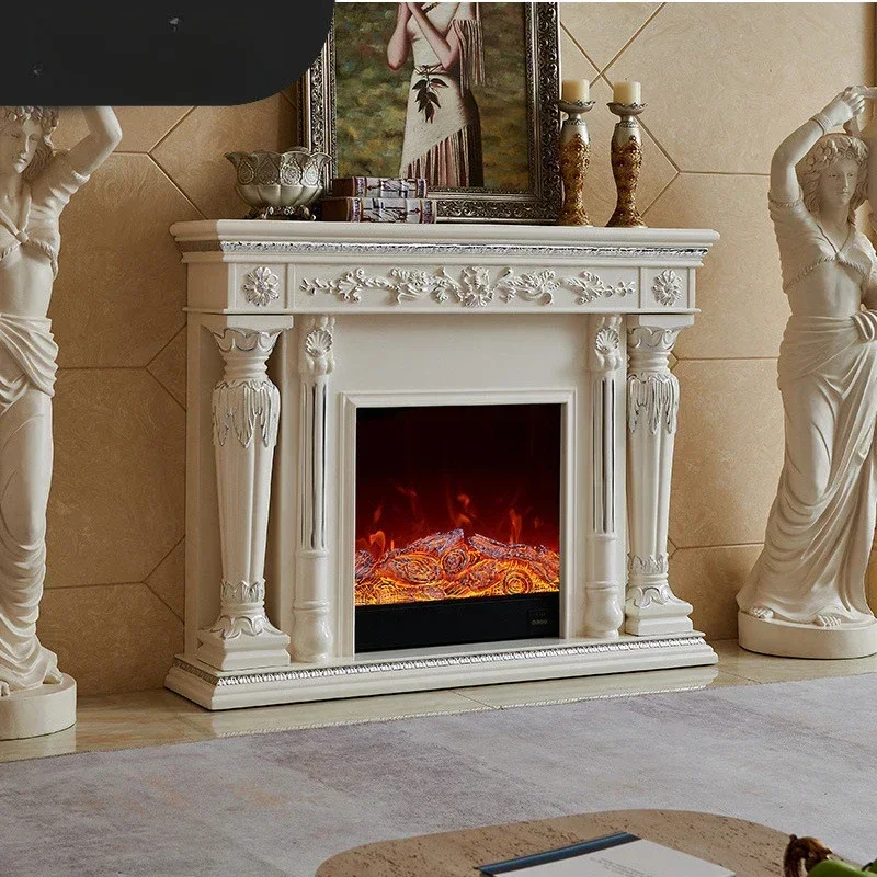 European fireplace decorative cabinet retro white, home living room simulation flame heating