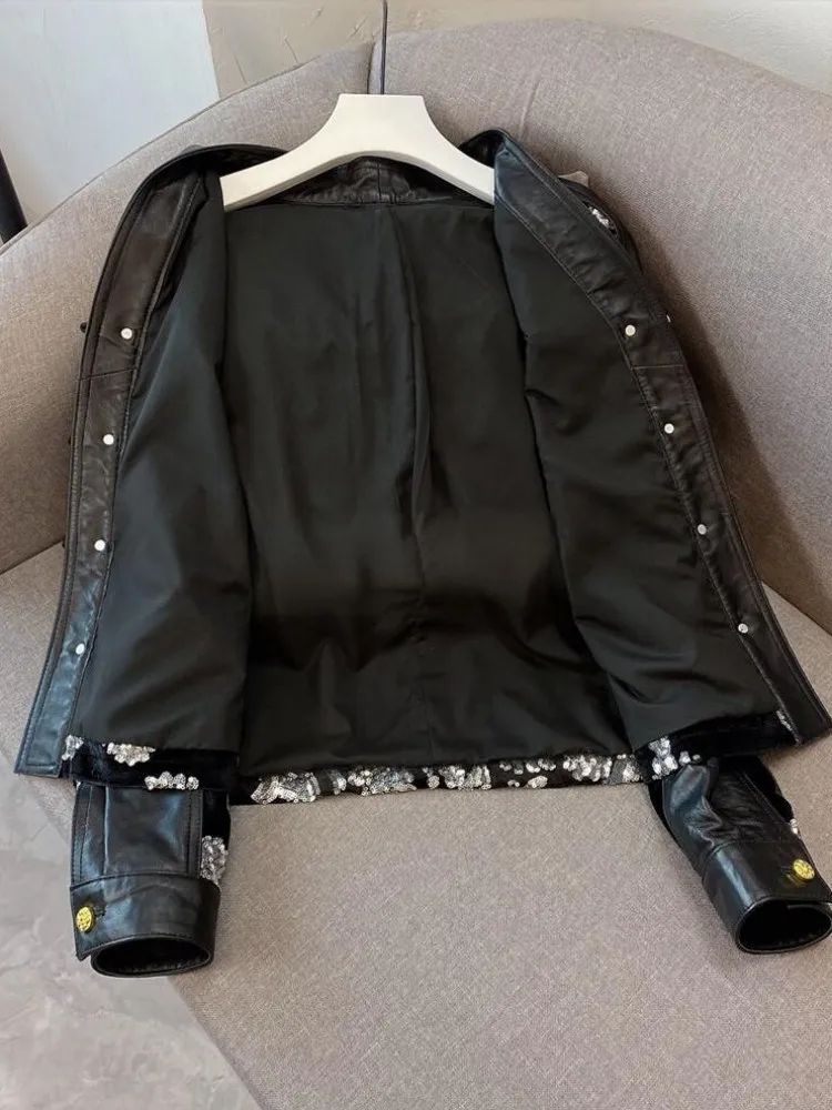 New Spring Vintage Spliced Sequined Women Velvet Genuine Leather Jacket V-Neck Long Sleeve Short Coat Single Breasted Outerwear - view 4