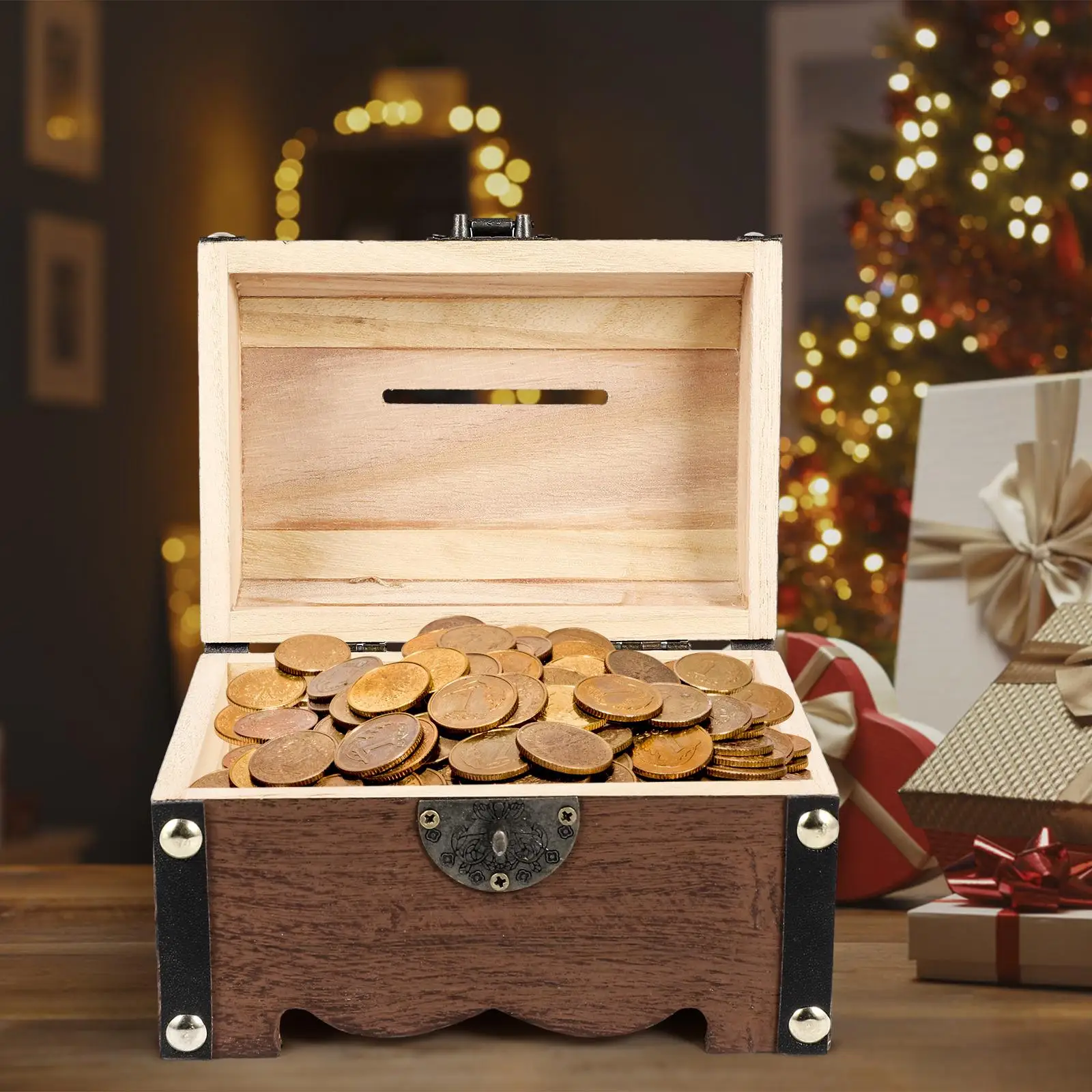 Vintage Wooden Treasure Chest Piggy Bank Coin Storage Box with Lock for Adults Baby Savings Safe Money Banks Home Office