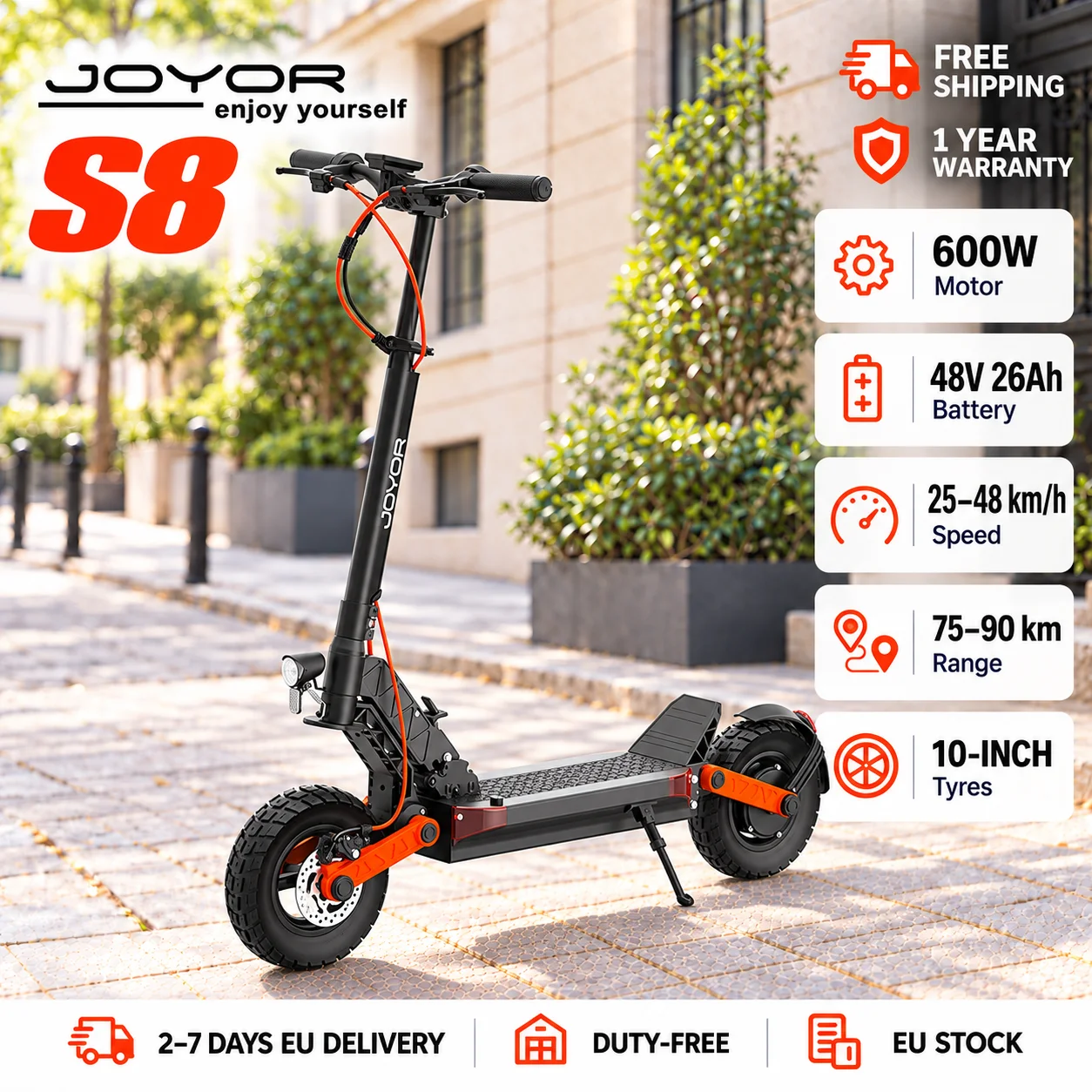 Scooter Eléctrico Plegable JOYOR S8 para Adultos, 48V 26Ah, Batería de Gran Capacidad, E-scooter de Ultra Largo Alcance 75-90km, Suspensión