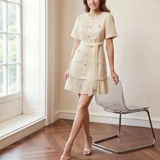 

Women's Dress 2026 Spring and Summer Elegant Vintage Classic Style, Socialite Style Woolen Tie, Pleated Short Sleeved Dress