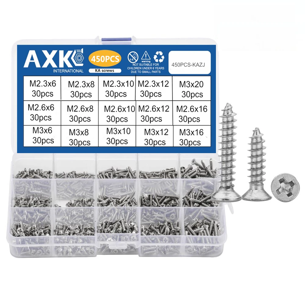 450pcs/set Nickel plated Countersunk flat head tapping screws with cross recessed M2.3 M2.6 M3 Screws Carbon Steel Screw