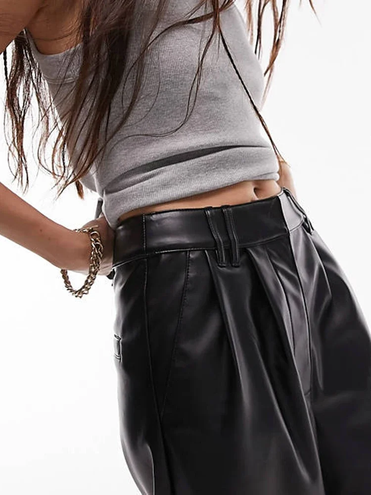 Black High Waist Matte Leather Women Straight Pants Ladies PU Floor Length Trousers Leggings With Pocket Custom