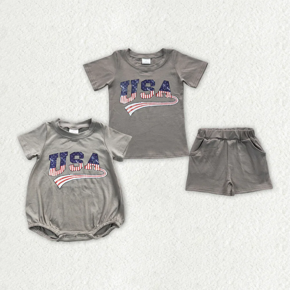 

Baby Kids USA 4th of July Grey Sibling Rompers Shorts Sets