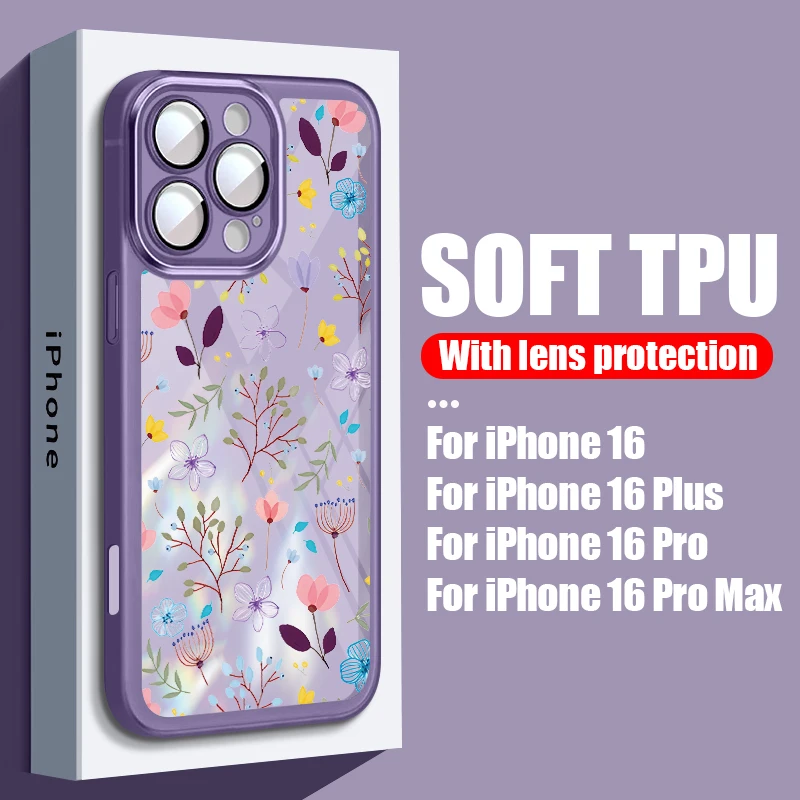 Flower Buds Print Case For iPhone 16 Pro Max Coque iPhone 11 12 13 14 15 Pro Max Luxury Lens Protector Clear Soft Silicone Cover