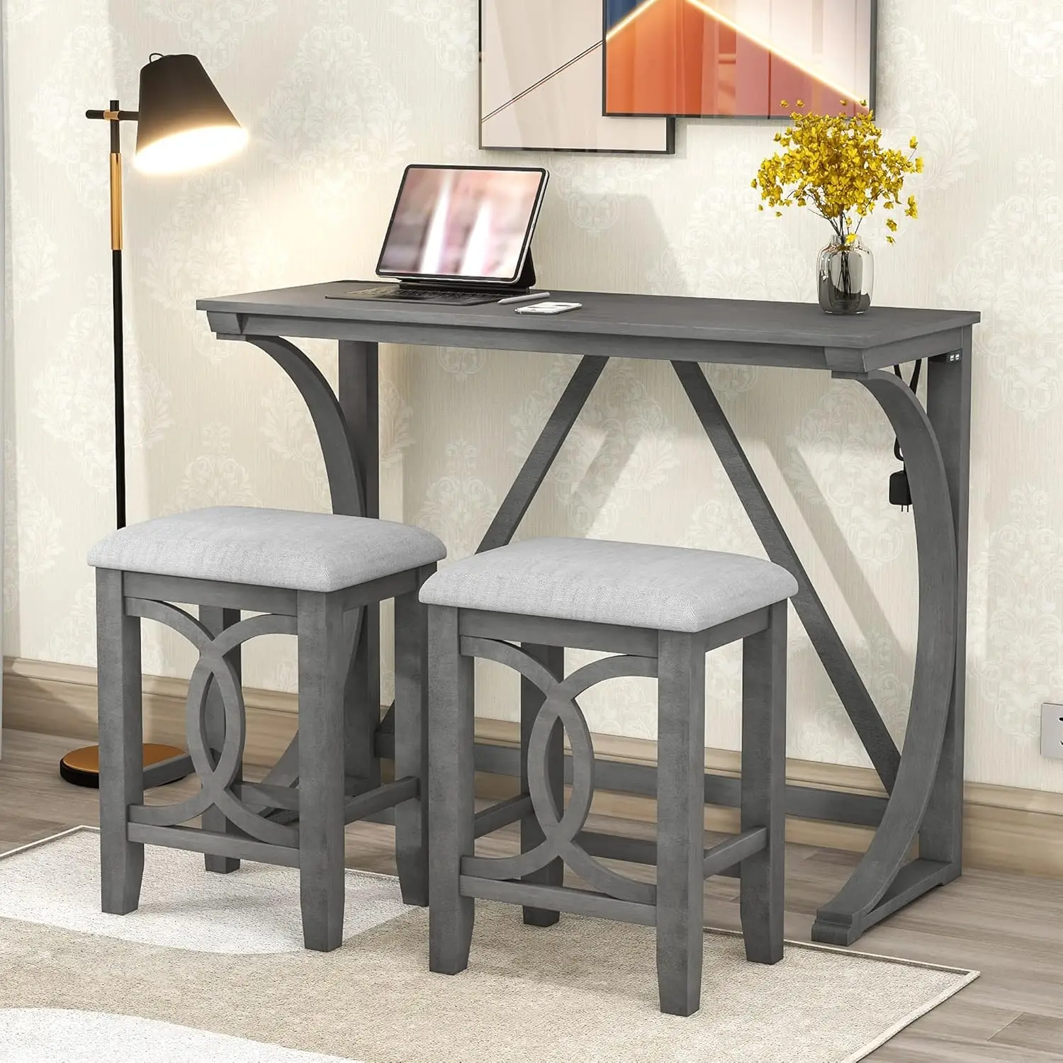 3 Piece Bar Dining Table Set, Counter Height Kitchen Table Set With Usb Port And 2 Upholstered Stools, Farmhouse Breakfast