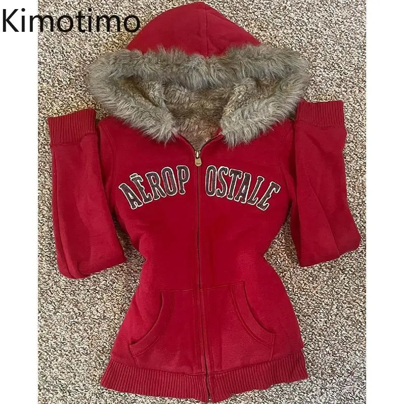 

Худи Kimotimo с красным принтом, женская, 2026, новая, приталенная, на молнии, утепленная куртка, в американском ретро-стиле Y2K, эстетичная толстовка