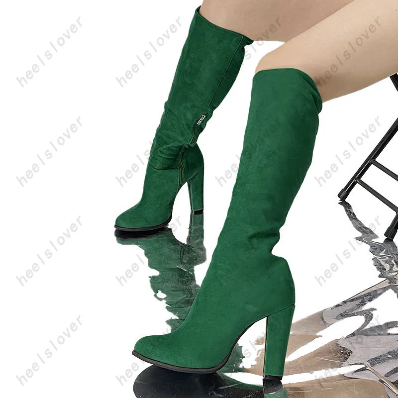 Ahhlsion Handmade Women Winter Knee Boots Block Heels Round Toe Elegant Brown Blue Cosplay Shoes Ladies US Size 5-20