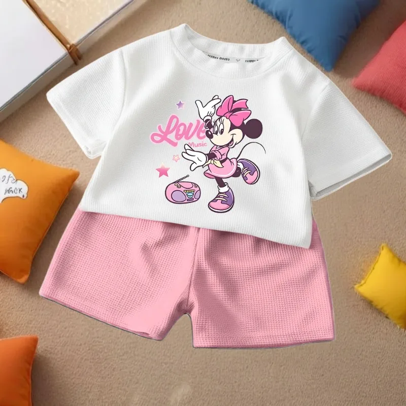 DISNEY, camiseta informal para niños y pantalones cortos, conjuntos de 2 uds., bonitos trajes de moda con estampado de Minnie para niñas, conjunto de pantalones cortos de verano para niños al aire libre