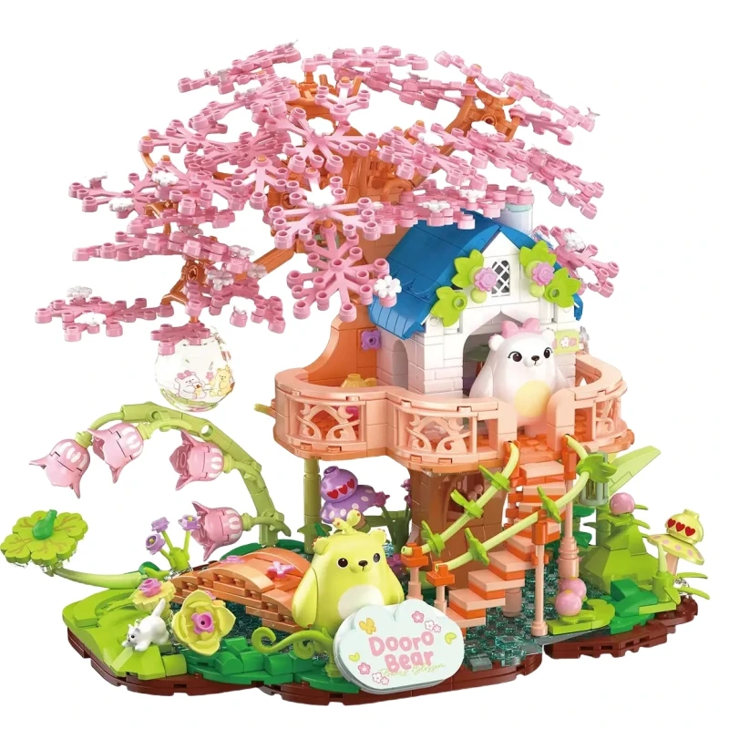 

Cute Cherry Blossom Bud Bear Tree House Street View Building Blocks Ornaments Small Particles Assembly Model Toy Collection Gift