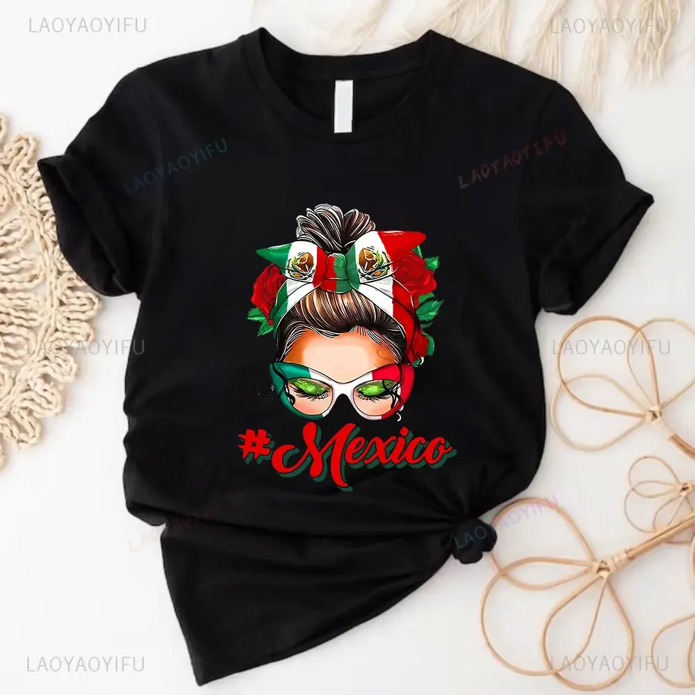 Mexico Messy Bun Women TShirt Mexico Flag Women Summer Cotton Tee Hispanic Heritage Month Gifts Mexican Mom Gifts Spanish Shirt