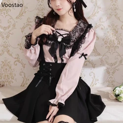 Japanese Gothic Lolita Shirt Women Harajuku Jirai Kei Bow Long Lantern Sleeve Blouses Y2k Aesthetic Elegant Sweet Clothes Tops