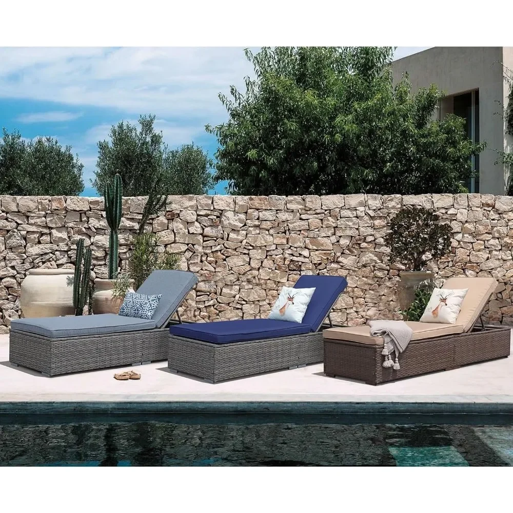 Outdoor Patio Chaise Lounge Chair, Elegant Reclining Adjustable Pool Rattan Chaise Lounge Chair with Cushion, Grey PE Wicker