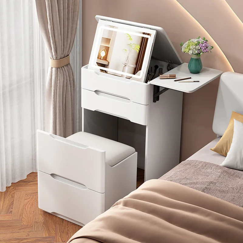 # Bedroom Vanity, Foldable Mirror, Front Facing Modern Minimalist Small Unit Storage Cabinet, Makeup Table with Swivel Wheels