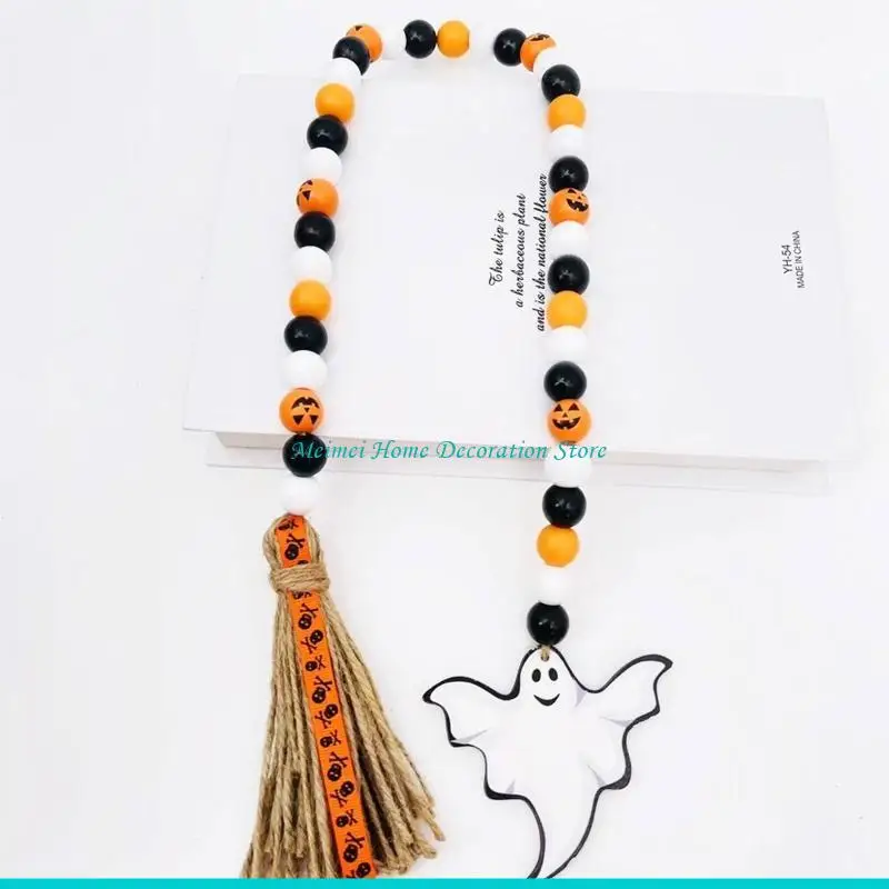 H7BF Halloween Bead Garland with Tassels Farmhouse Beads Rustic Beads