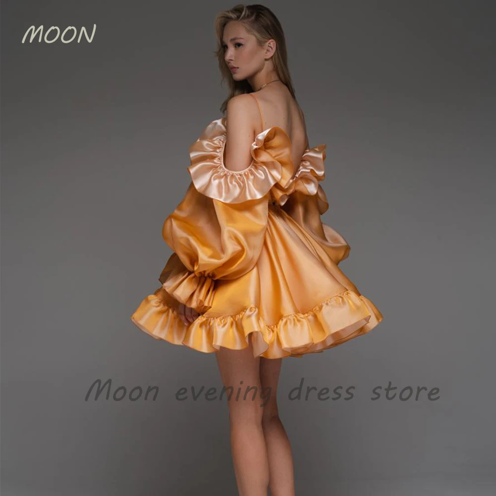 Moon Sweetheart Halter Long Sleeve skirt Pleated satin backless cocktail ball dress Girl graduation party formal evening dress