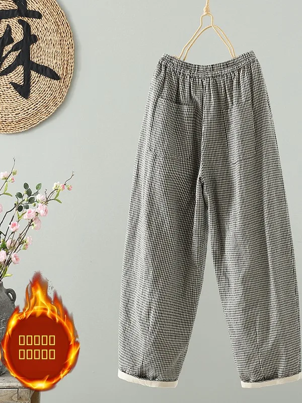 

Ретро-брюки в клетку больших размеров с широкими штанинами, утепленные, с высокой талией, повседневные, длинные, женские, модные, осенне-зимняя одежда