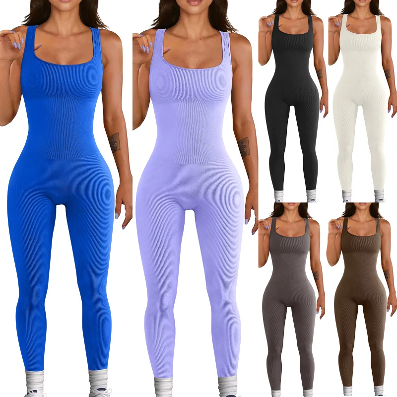 Dames Mouwloze Tank Topsuit Jumpsuit Met Schroefdraad Vierkante Hals Lift Heup Slanke Sexy Jumpsuit Bruine Bodysuit Witte Jumpsuits