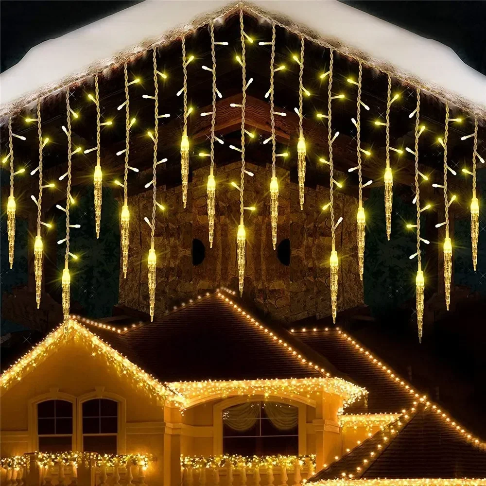Holiday Icicle String Lights 3.2M 8 Modes Garden Yard Patio Window Roof Eaves Decor Warm White Multicolor Christmas Party Lights