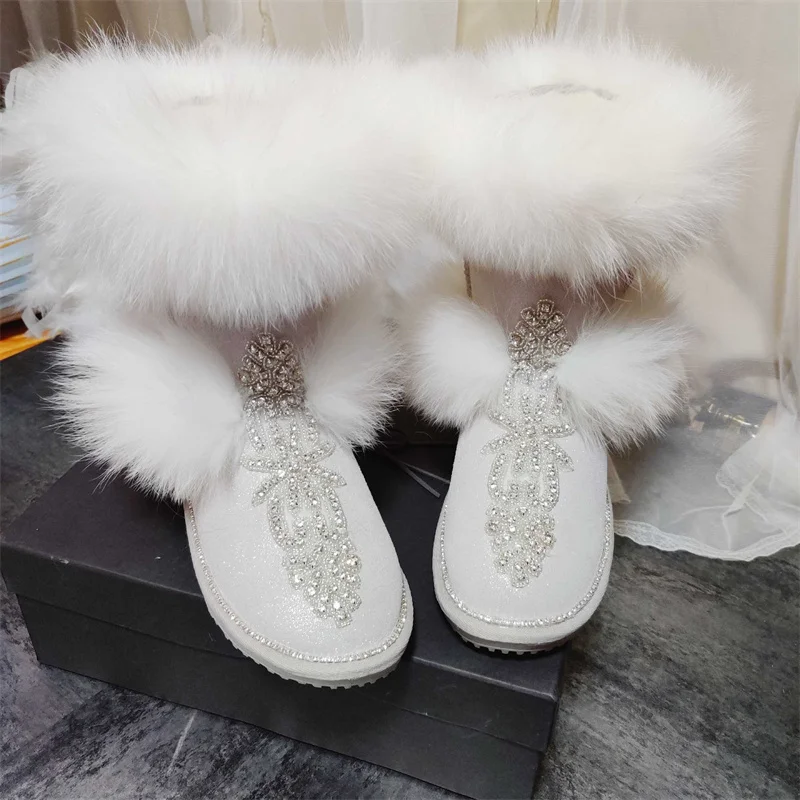 Fur one-piece boots Pearl handmade custom boots Winter plus wool fox hair boots women size 35-44