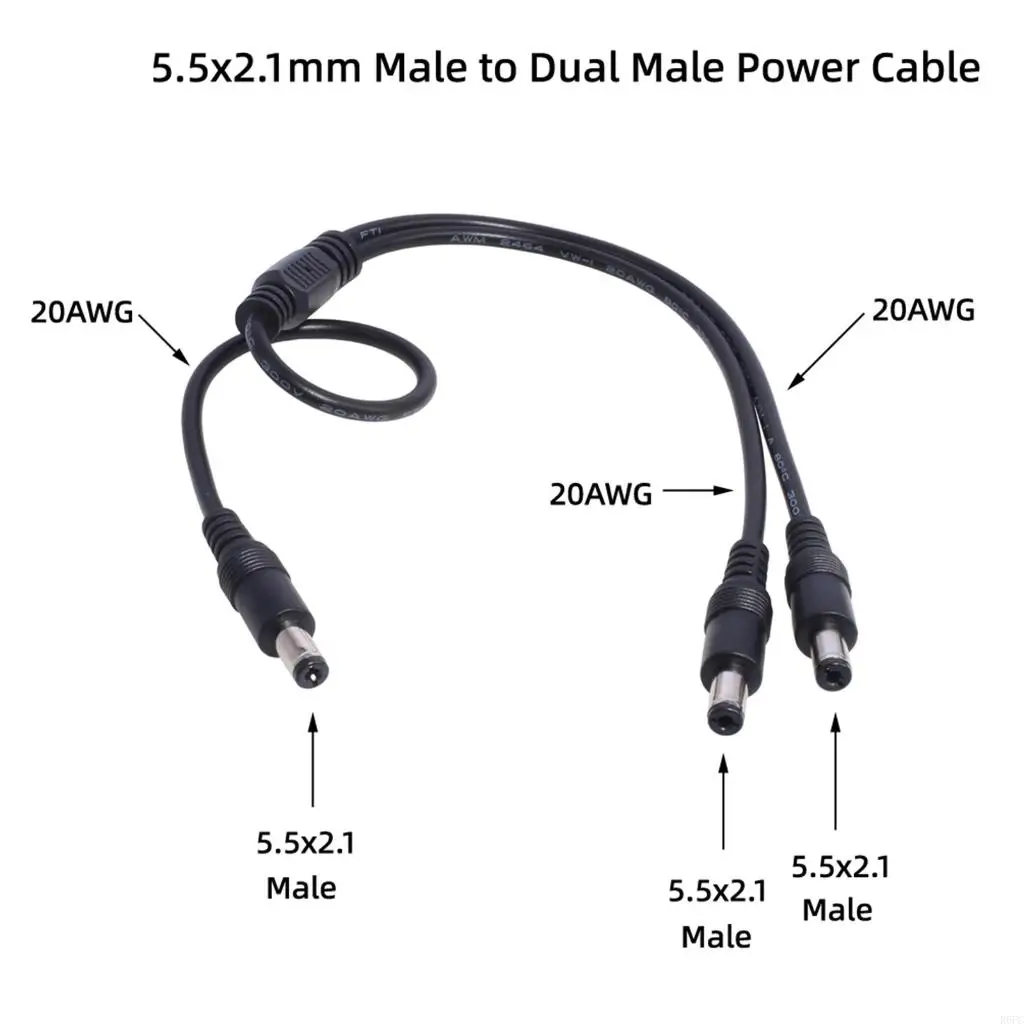 2 Output Y Splitter Cable, 18AWG Male 5.5mmx2.1mm Power Cord for Security Cameras, LED Lights