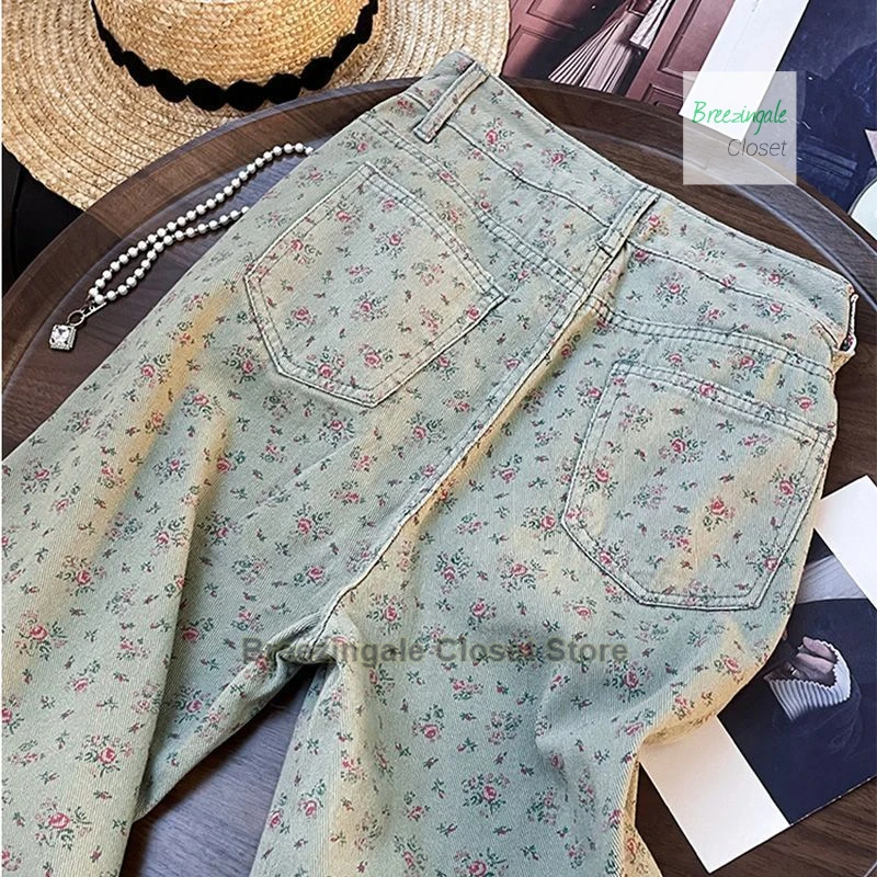 Korean style floral retro straight leg jeans for women's summer new fashion design, niche high waisted casual wide leg pants