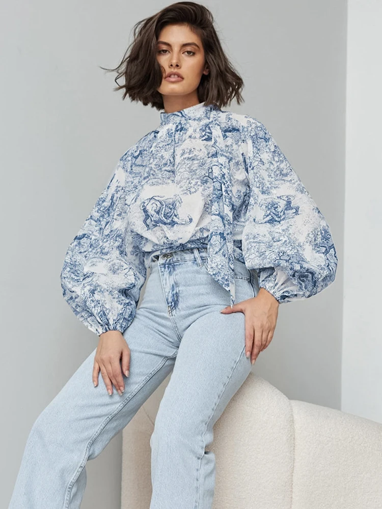 Blue Elegant Printing Blouses And Tops Lantern Sleeves Women Autumn 2024 Lace-Up Tie Chic Print Pullover Tops Office Shirt