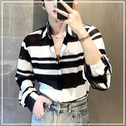 Senior Trend Fashion Niche Sense of Design Thin Style Cool Stripe Hollow Out Loose Handsome Temperament Men's Shirts Autumn 2024