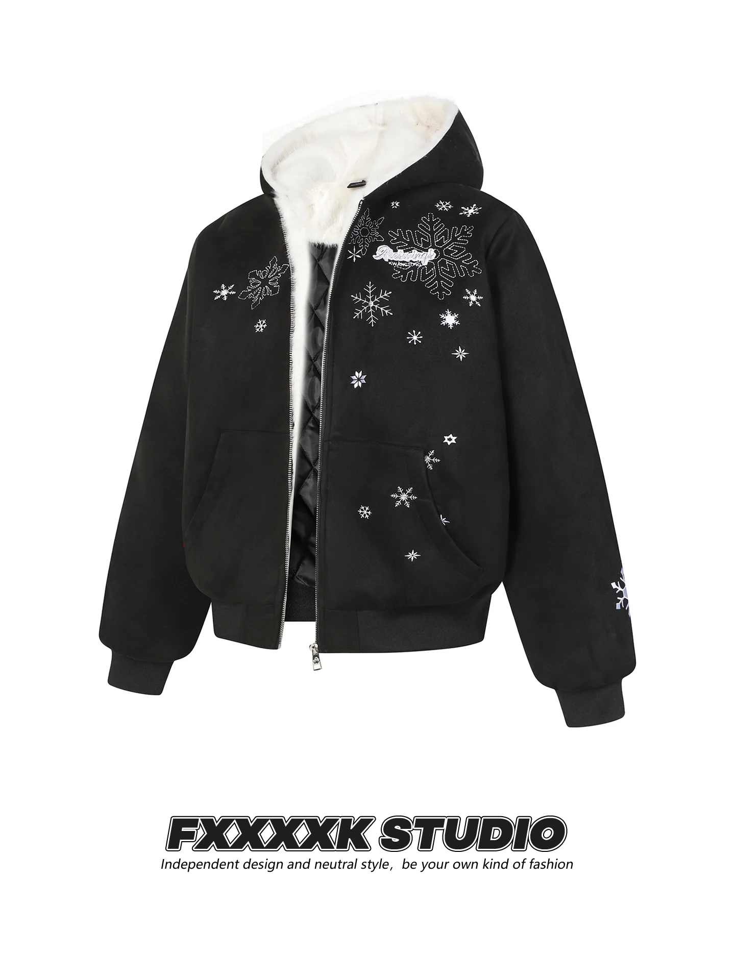 

FXK Original American Trendy Brand Snowflake Embroidery Thiened Cotton Jaet Hoodie Couples Clothes Winter Warm Outerwear