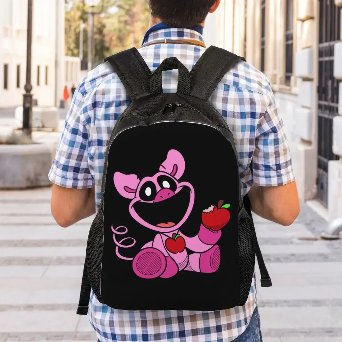 Custom Pink Smiling Big Mouth Piggy Critters Backpacks Women Men Fashion Bookbag for College School Scarry Animated Game Bags