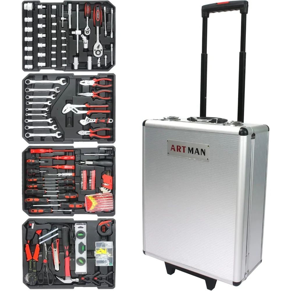 889 Pcs Aluminum Trolley Case Tool Set with Wheels, Four-Layer Tool Kit with Rolling Tool Box, Portable Toolbox Storage