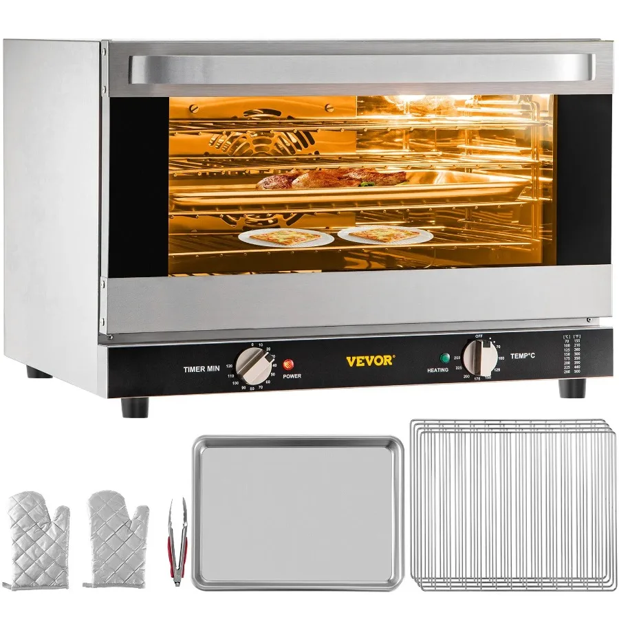 Commercial Convection Oven 47L 43Qt Half-Size Countertop Electric Baking Oven 1600W 4-Tier Toaster w Front Glass Door Trays Wir