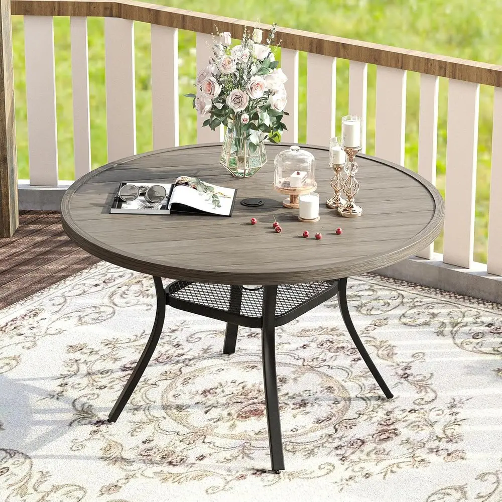 

All-Weather 6-Seater Round Patio Dining Table with Adjustable Umbrella Hole, Grey Wood-Like Top
