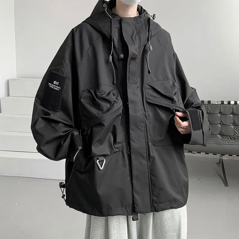 Luxury Zipper Sweatshirt Cargo Jackets Spring Autumn Hooded Windbreaker Windproof Waterproof Multi Pockets Outdoor Coats Tops