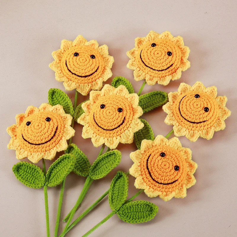 Handmade DIY Wool Crocheted Sunflowers High Simulation Artificial Fake Flowers Home Decoration Ornaments Finished Goods Bouquet