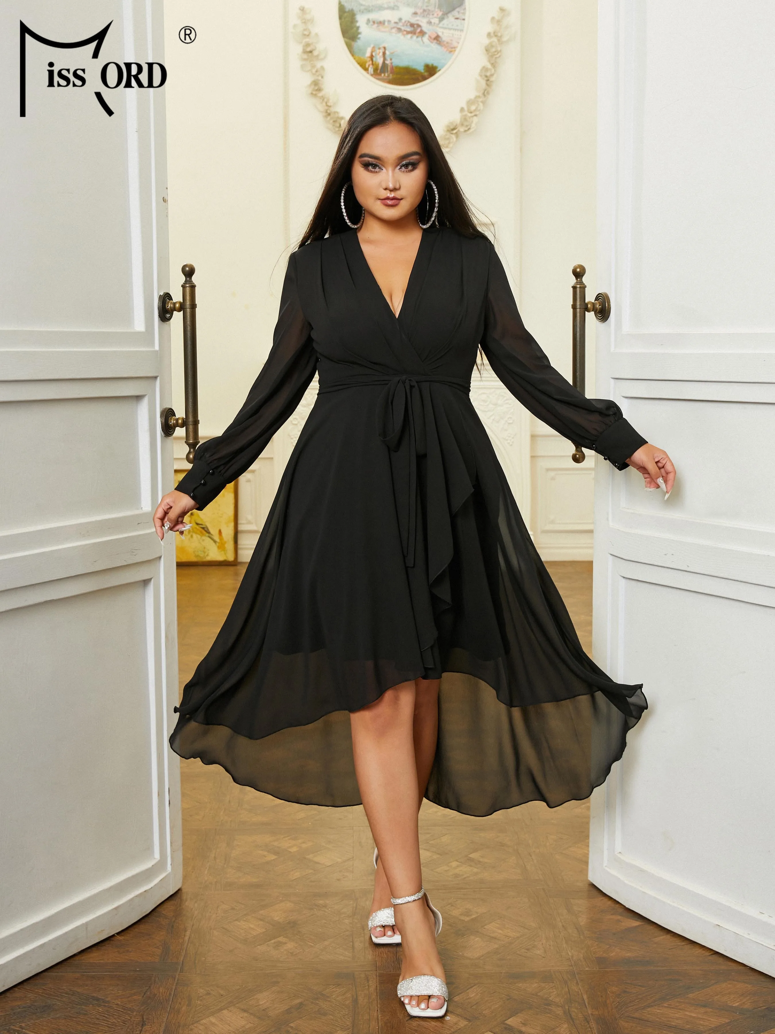 Missord New Plus Size nero scollo A V manica lunga A Line Prom Midi abiti per occasioni formali