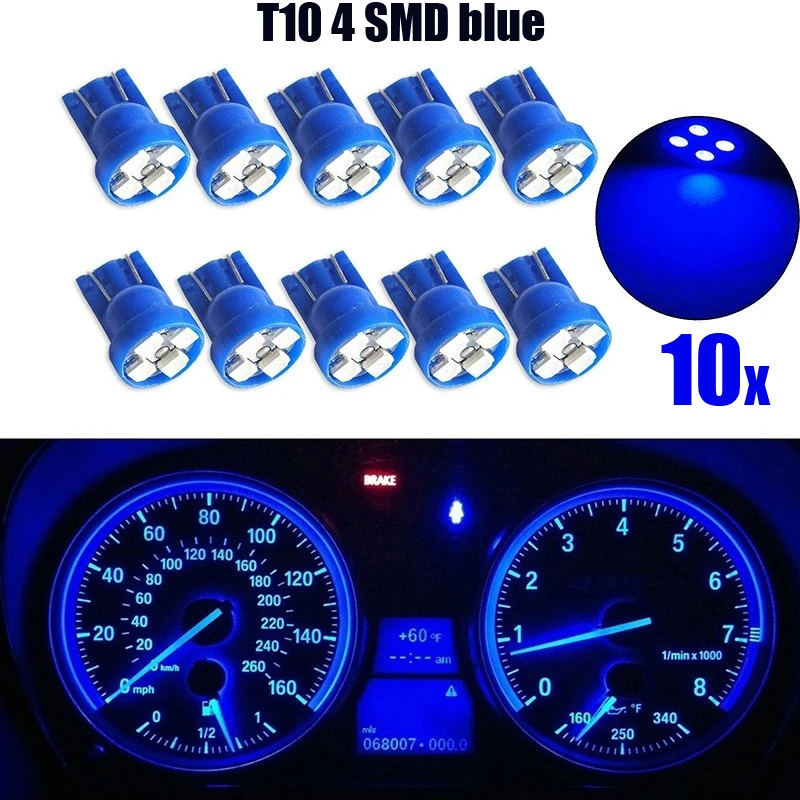 10Pcs/Set Car Light T10 4SMD 1210 LED Wedge Dashboard Gauge Cluster Light Bulb Blue