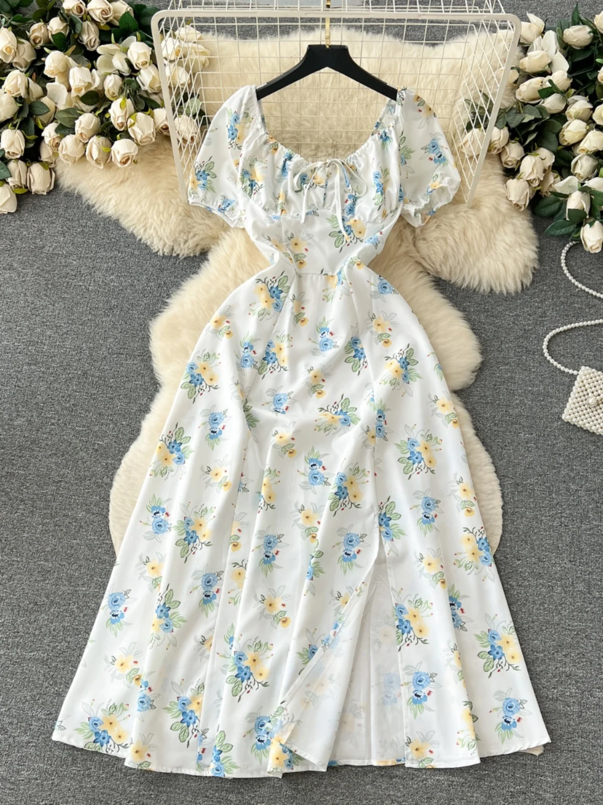 Vestido largo romántico con estampado Floral para mujer, falda acampanada con diseño de abertura y manga de burbuja, e...