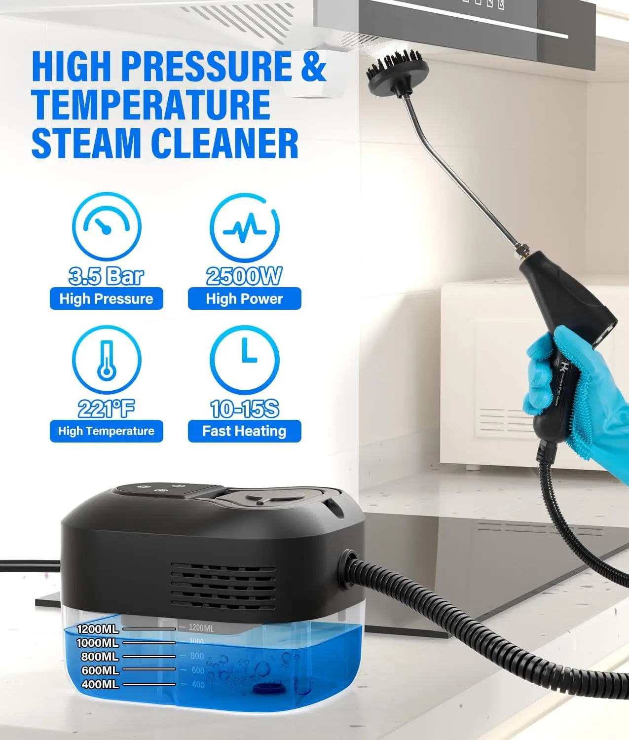 Limpiador a vapor 2500W, depósito de 1,2 L, calentamiento de 15 segundos, portátil con 16 accesorios