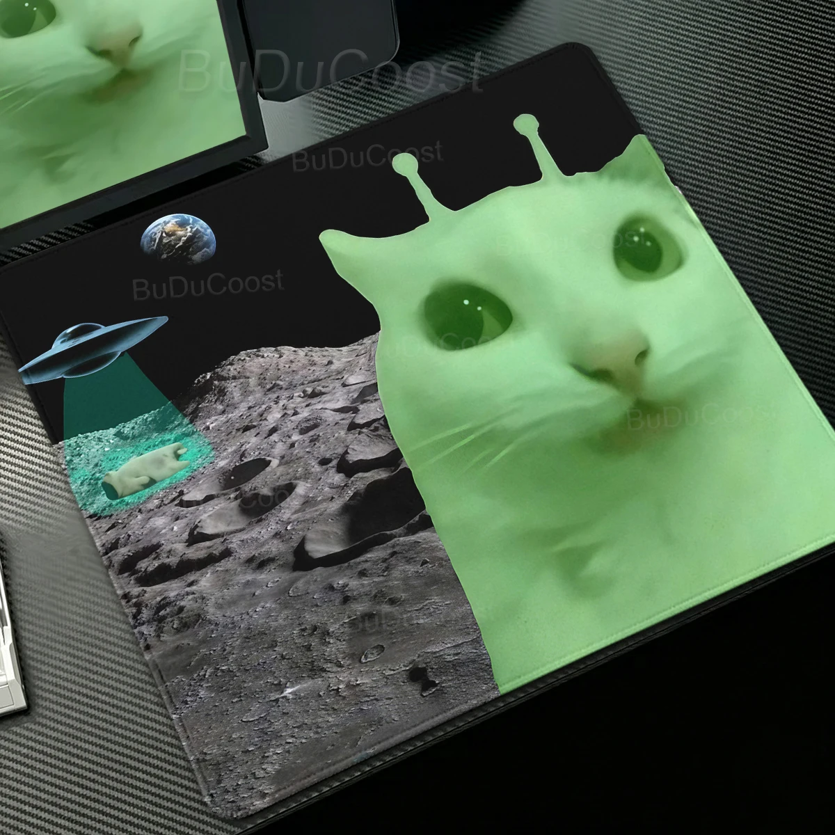 Emoji Alien Cat Mousepad Playpad Kleine tragbare Gummimatten mit Lockedge-Motiv, Büro-Laptop-Mauspad, Schreibtischzubehör, Cat Gamer Tischmatte