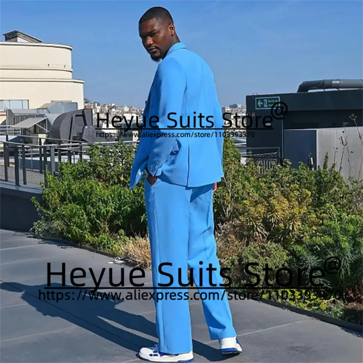 Casual Blue Fashion Men Suits 2 Pieces Blazer+Pants Handsome Slim Fit Celebrity Wedding Prom Party Groom Tuxedos Costume Homme