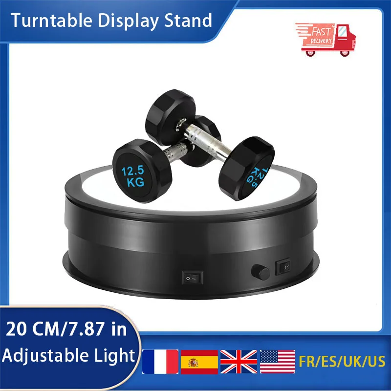 Electric Rotating Display Stand with Adjustable Light, Turntable, Jewelry Photography, Cake, 20cm, 7.87 in, 360 °