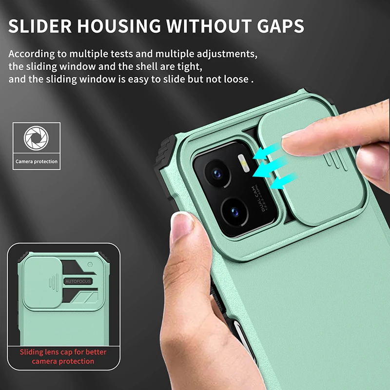 Shockproof Case for VIVO Y21 Y53S Y33S Slide Camera Protection Vertical KickStand Phone Back Armor Cover for VIVO V21 V23 5G 4G