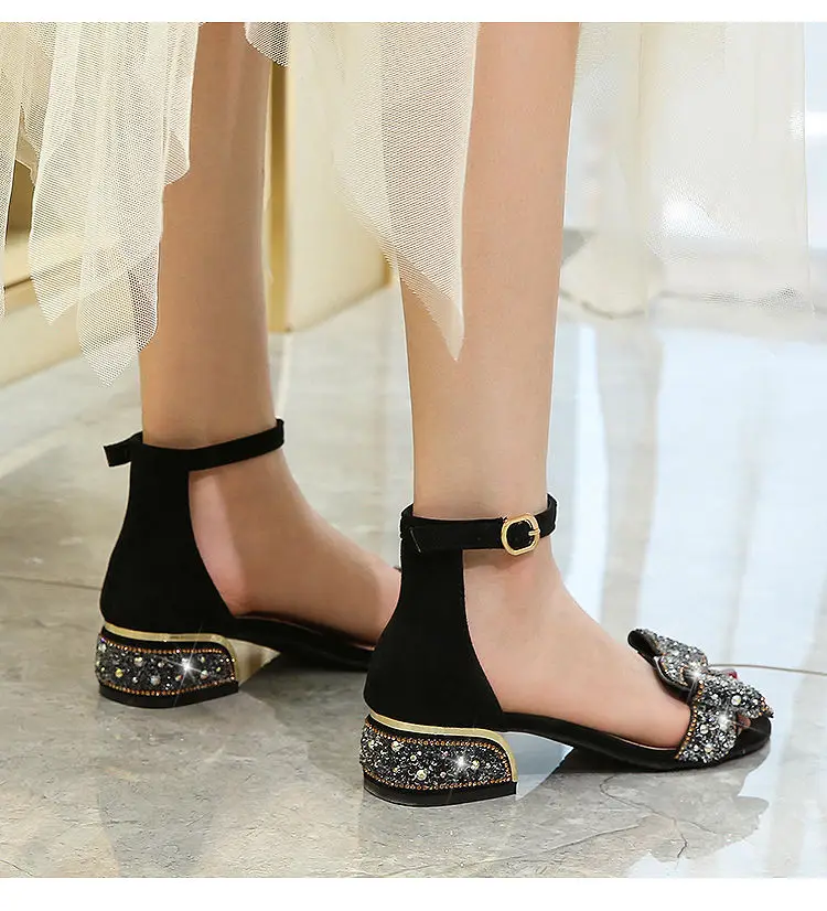 2024 Rhinestone Butterfly-knot Sandals Summer Women Crystal Fairy Wind Thick Heels Sandals Female All-match Casual Slides Shoes