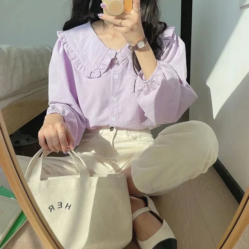 Sweet Peter Pan Collar Shirt Women Vintage Long Sleeve Blouse Female Preppy Style Yellow Blue Loose  Buttons Youth Tops 2023 Y2k