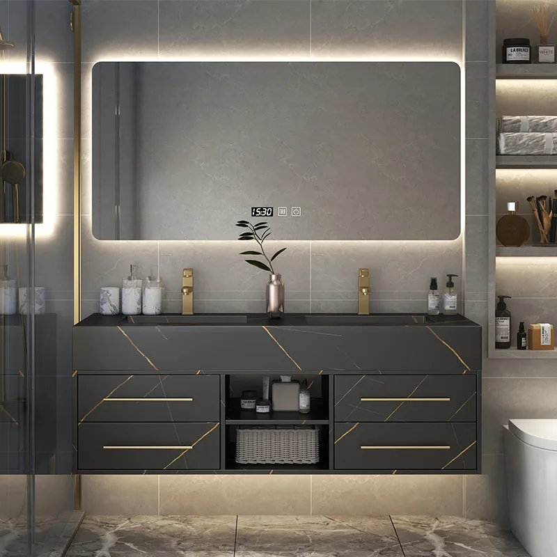 

Luxury Bathroom Cabinet Rock Slab Wall-mounted Smart Mirror Washbasin Cabinet Combination Vanity Set Stone Top Wall Mounted