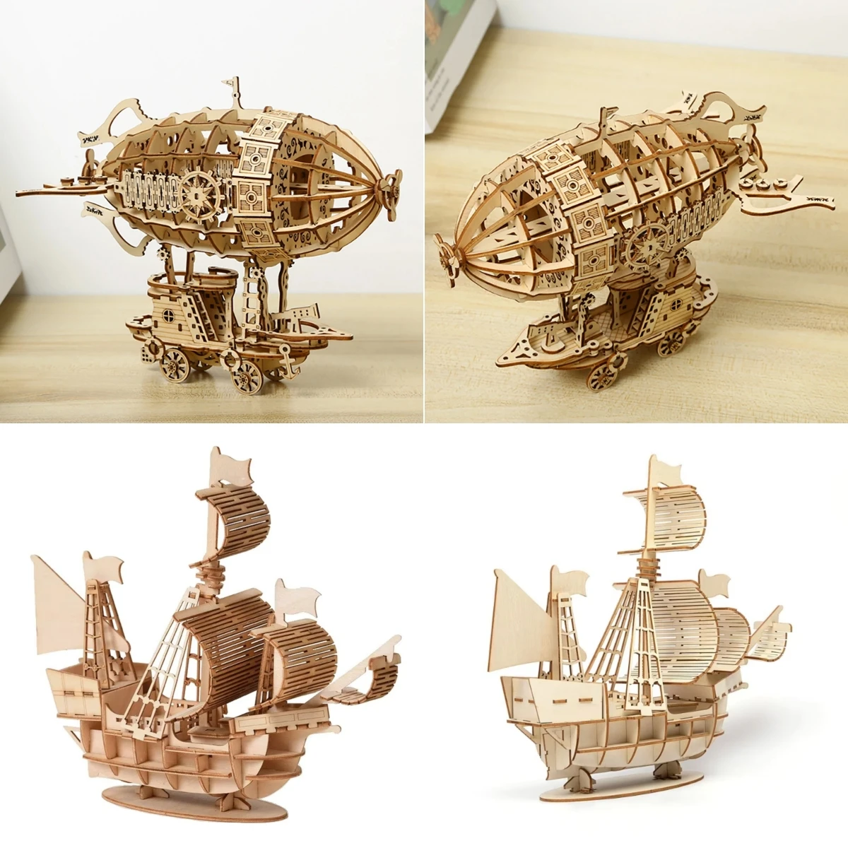 

1 Set 3D Wooden Decoration with Manual Airship/Sailboat Handcraft Assembly Model Home Living Room Office DIY Mechanical Ornament