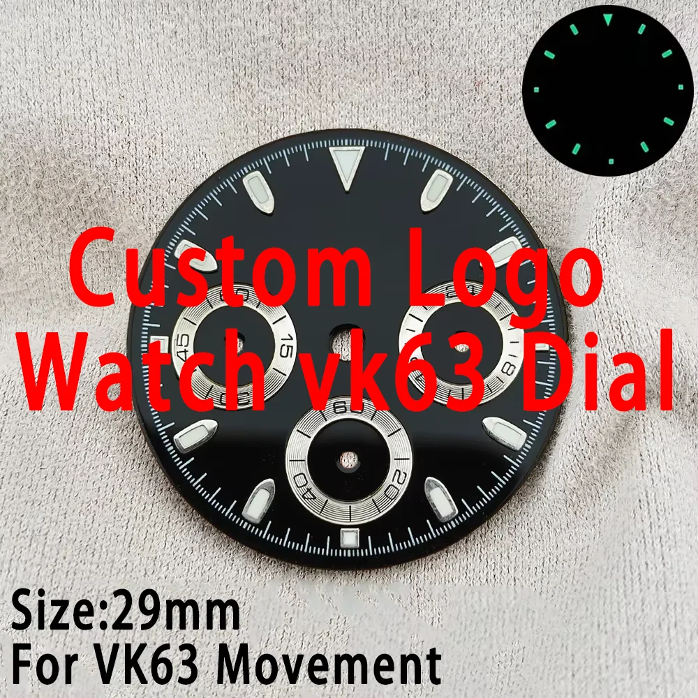 カスタムロゴ-vk63-ダイヤル-29-ミリメートルパンダダイヤルクロノグラフダイヤル-3-つの目付き-c3-グリーン発光-vk63-ムーブメント時計アクセサリー用