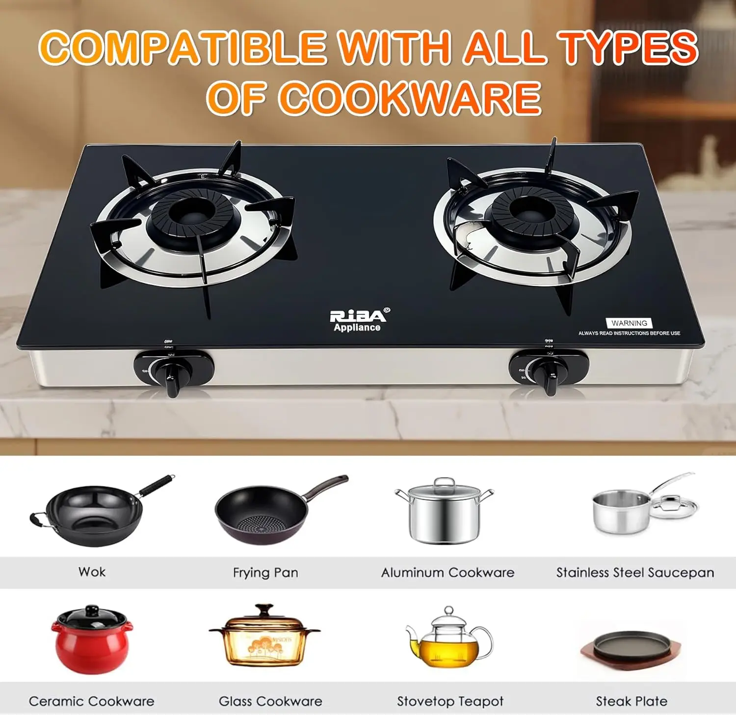 2 Burner Propane Gas Stove, Portable with Auto-Ignition, 20472 BTU, for Camping, RV & Emergency Use