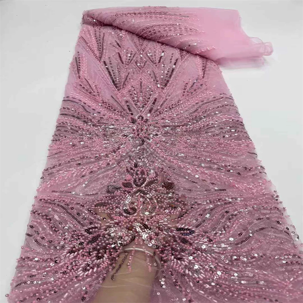 

2024 New African Nigerian French High Quality 2024 Hot Sale Lace Fabric With Beads Sequins Bride Party Wedding Embroiderg Dress